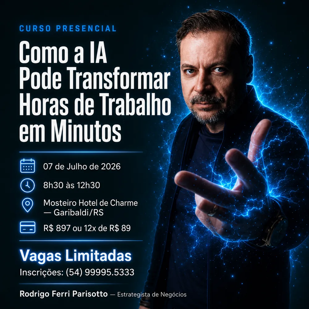 Curso presencial: Como a IA Pode Transformar Horas de Trabalho em Minutos — 07 de julho de 2026, Garibaldi/RS