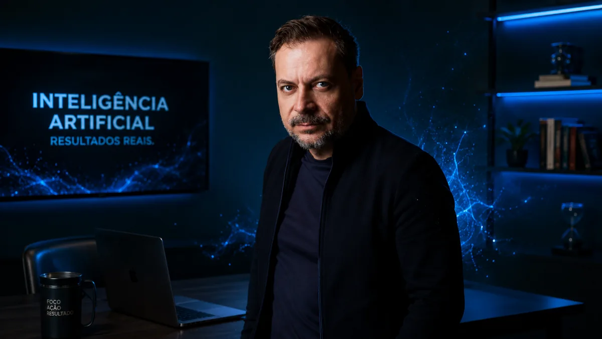 Rodrigo Ferri Parisotto em escritório com tela exibindo Inteligência Artificial — Resultados Reais